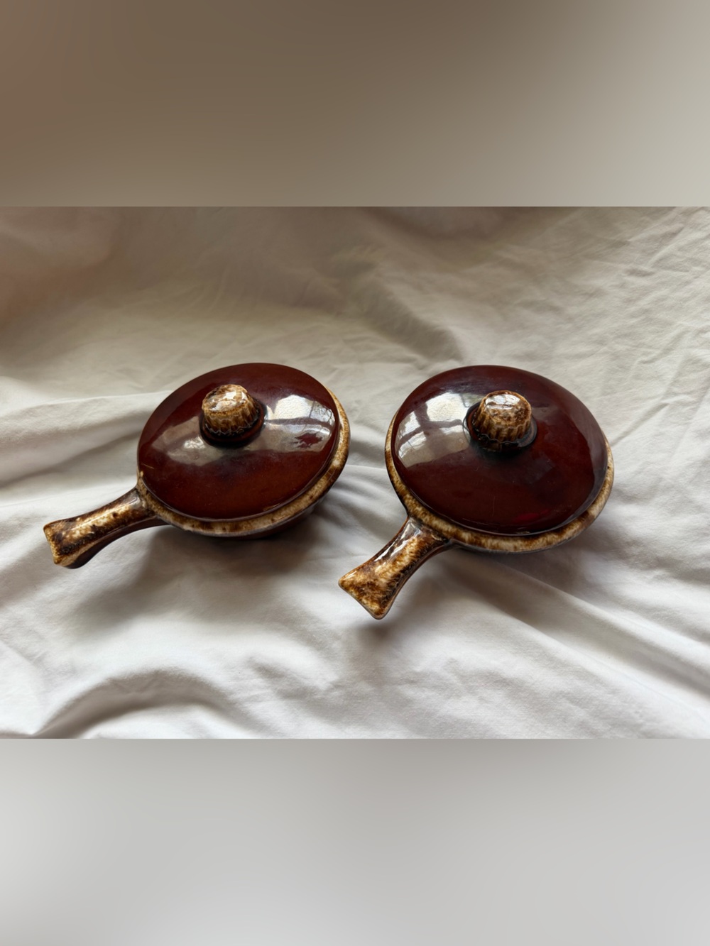 Hull Oven Proof Bowls Handle Crooksville USA Brown Drip French Onion Soup Chili